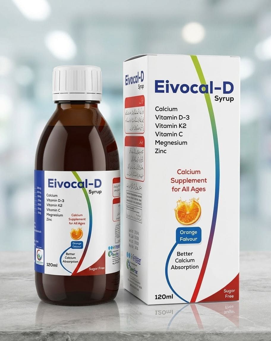 Eivocal-D calcium supplement syrup and sachet with Vitamin D3, K2, C, Magnesium and Zinc